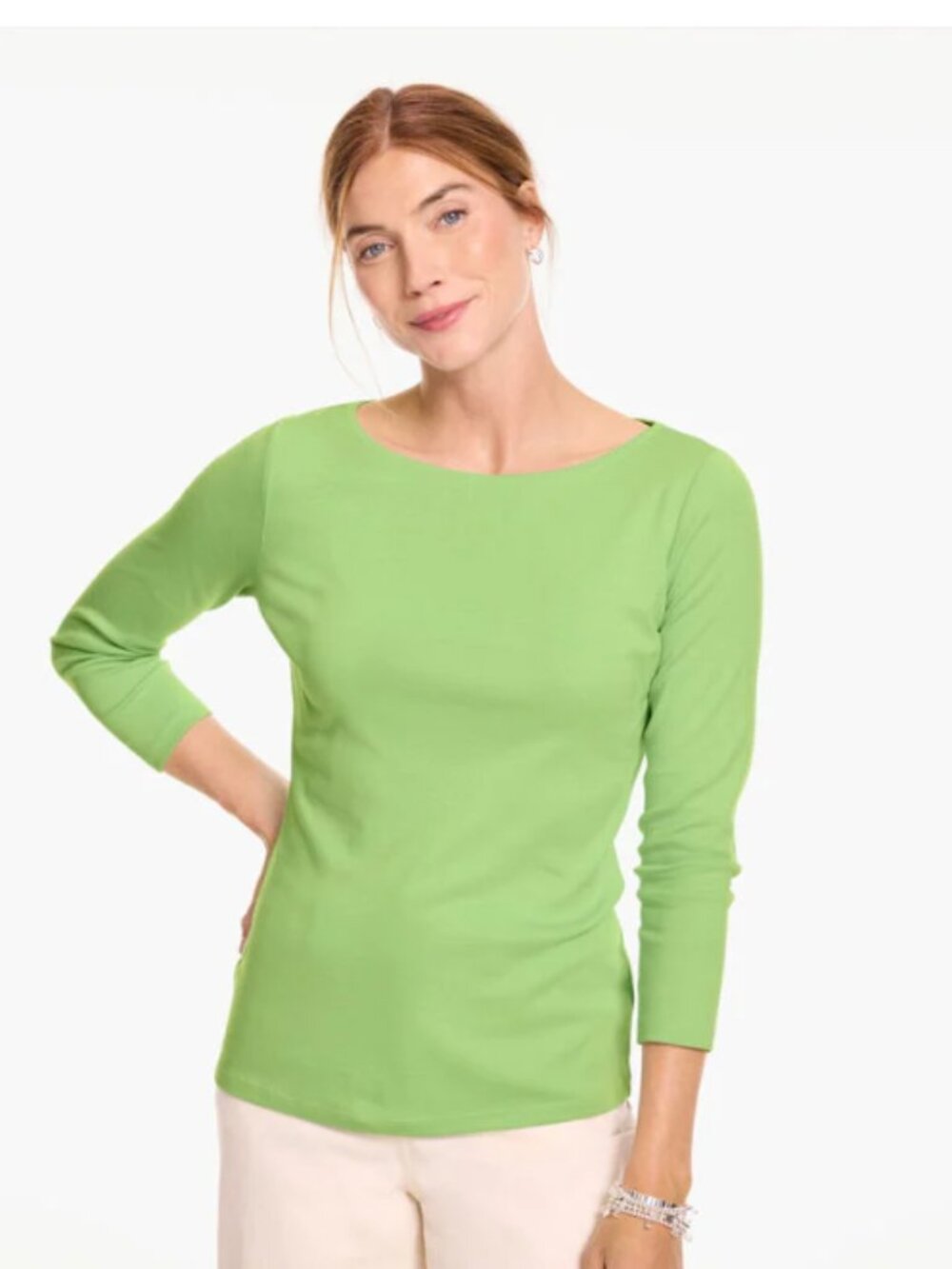Talbots Peridot Green 3/4 Sleeve Cotton Bateau Neck Tee Asst Szs